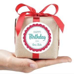 Happy Birthday Gift Giving Stickers, Poka Dot Scallop, Personalized Gift Tags, Custom Printed Labels for Goodie Bags or Presents image 1