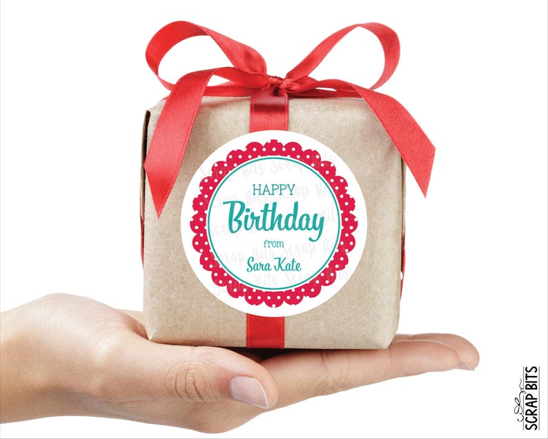 Happy Birthday Gift Giving Stickers, Poka Dot Scallop, Personalized Gift Tags, Custom Printed Labels for Goodie Bags or Presents image 1