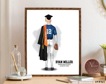 Baseball Graduation Portrait Print, Custom Illustration, Printable Wall Art, Digital Download, Personalized Gift for Senior, Son, Teammate
