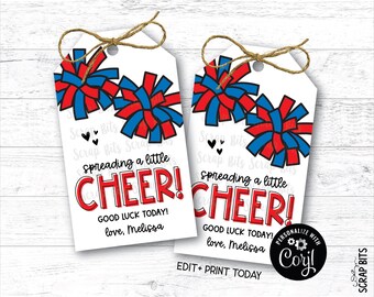 Printable Game Day Treat Bag Tags, Spreading A Little Cheer Poms, Personalized Good Luck Snack Tags, Editable with Corjl