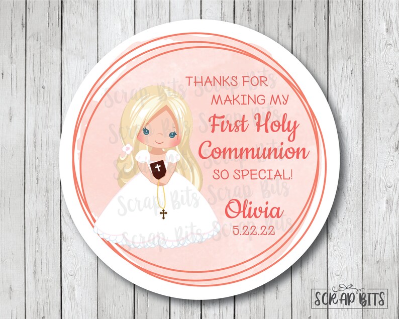 First Communion Labels & Bags, Communion Girl 3 Rings, Personalized Communion Stickers, Glassine Favor Bags, 3 Sizes image 4