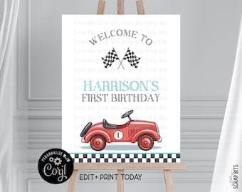 Editable Racing Birthday Welcome Sign, Classic Red Race Car, Printable Digital Template