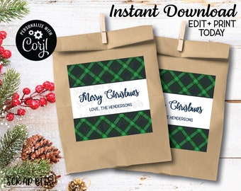 EDITABLE Printable Christmas Tags, Green Tartan Plaid Tags, Personalized Christmas Gift Tags