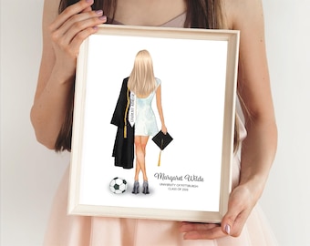 Graduation Digital Portrait, Female Full Body Student Athlete, Personalized Senior Gift Illustration Print, Grad Party Decor