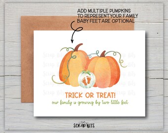 Fall Pregnancy Announcement Card, Halloween Baby Announcement, Watercolor Pumpkin Pregnancy Reveal Card, Trick Or Treat Family Is Growing