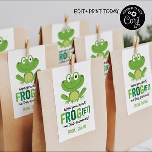 Etiquetas editables para el último día de clases, "Rana, no me olvides este verano", etiquetas para niños y maestros, regalos para el aula o bolsas de golosinas, imprimibles para hacer tú mismo.