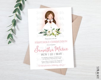 Girl Communion Invitation, Watercolor Greenery, Printable First Holy Communion Invite, Eucalyptus Wreath , Personalized Digital Download