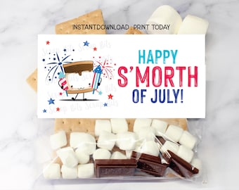 Adorno para bolsa de S'mores, Feliz S'mores de Julio, Etiqueta para bolsa de regalo con kit de S'mores, Dulces para fiesta del 4 de julio, Decoración para fiestas DIY, Descarga instantánea