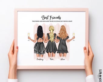May include: A framed print featuring the text "Best Friends" and a quote about friendship. The illustration shows three women in black dresses, each holding a champagne flute. The names Courtney, Katie, and Alina are written below the figures.