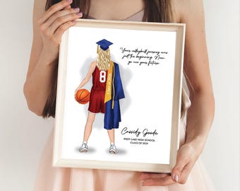 Retrato de graduación de baloncesto impreso, regalo de graduación personalizado para mujer: hija, sobrina, amiga, madre. Descarga digital imprimible.