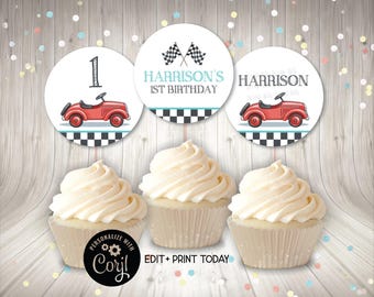 Printable Racing Birthday Cupcake Toppers, Classic Red Race Car, Personalized Favor Labels, Editable with Corjl
