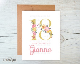 18th Birthday Card, Faux Gold Glitter, Pink & Yellow Roses, Personalized Floral Birthday Card with Name, Gold Glitter 18th Birthday Card