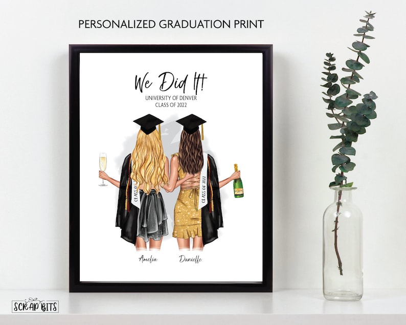 Best Friends Graduation Print, We Did It Graduation Sign, Friend Graduation Gift . Personalized Digital Portrait Print, Printable Graduation image 1