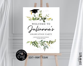 EDITABLE Graduation Welcome Sign, Printable Greenery Graduation Party Welcome Sign, Grad Party Decor, Digital DIY Template