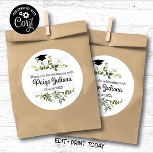 EDITABLE Graduation Favor Labels, Watercolor Greenery Grad Party Stickers, Personalized Printable Round Sticker Template
