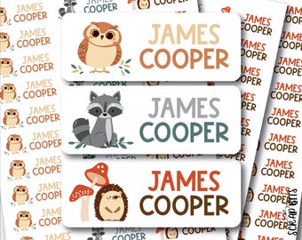 Personalized Name Labels, Woodland Animals, Owl, Raccoon, Hedgehog, Belonging Labels for Kids, Teacher, School, Waterproof or Matte