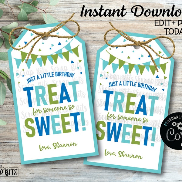 EDITABLE Birthday Treat Tags, A Little Treat For Someone So Sweet Printable Birthday Tags, Birthday Gift Tags, Blue & Green,