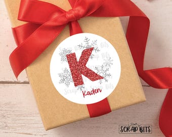 Christmas Gift Labels, Faux Red Glitter Snowflake Initial, Cute Personalized Name Labels or Tags for Gift Wrapping