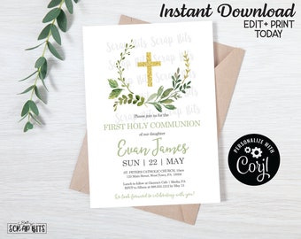 Printable Communion Invitation, Watercolor Greenery Wreath, Gold Cross First Holy Communion Invite, Eucalyptus Wreath . Editable Template