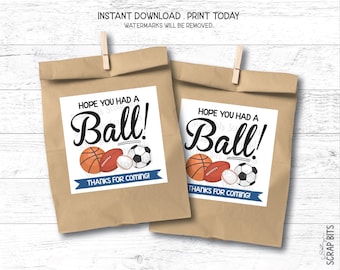 Etiquetas imprimibles para cumpleaños deportivos, ¡Espero que te lo hayas pasado genial!, Bandera con letra cursiva, Etiquetas cuadradas para recuerdos de fiesta, Descarga instantánea