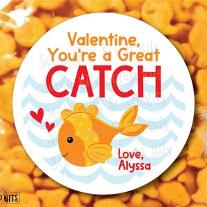 Valentine Stickers & Bags, You're A Great Catch, Goldfish Valentine Labels, Fish Valentines, Classroom Valentines, Clear Favor Bags