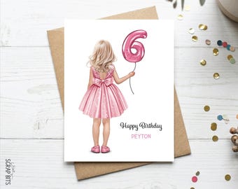 6th Birthday Card, Personalized Portrait Card Gift for Little Girl, Daughter, Sparkle Dress