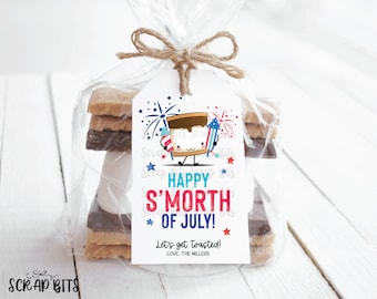 Etiquetas para recuerdos de s'mores, Feliz S'morth de julio, Etiquetas personalizadas para fiestas de verano de s'mores del 4 de julio, Etiquetas impresas para bolsas de dulces