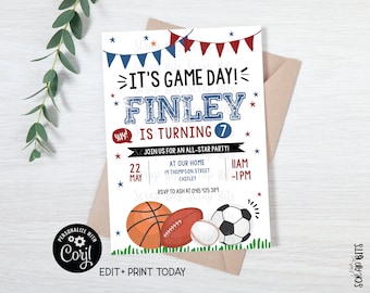 EDITABLE Sports Birthday Invitation, It's Game Day, Blue & Red Sports Party Invitation, Printable Sports Invite, Soccer, Football, Baseball