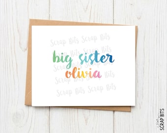 Personalized Big Sister Card, Brush Script Ombre, Keepsake Card for New Sibling