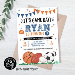 EDITABLE Sports Birthday Invitation, It&#39;s Game Day, Blue & Orange Sports Party Invitation, Printable Sports Invite, Soccer, Football