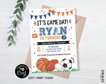 REDIGERBAR inbjudan till sportfödelsedag, det är matchdag, blå & orange sportfestinbjudan, utskrivbar sportinbjudan, fotboll