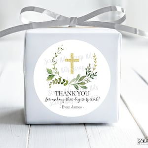 First Communion Stickers, Watercolor Greenery Communion Cross . Personalized Favor Stickers or Tags . 3 Sizes