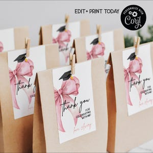 BEWERKBARE roze strik afstuderen gunst Tags, aquarel lint partij Tags, Grad Coquette partij Tags voor gast geschenken of traktatie tassen, DIY afdrukbare