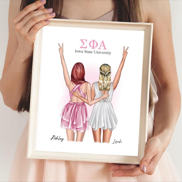 Sorority Sisters Digital Portrait, Custom Illustration Print, Personalized Big Little Gift, Bid Day, Roommate, Best Friend