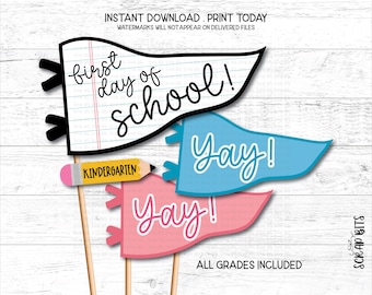 First Day of School Pennant, Grade Pencil, Yay, Printable Back to School Sign for Teacher, Student, Classroom Party Decor, Instant Download