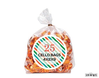 25 Cello Bags with Metallic Twist Ties, Clear Treat Bags, Clear Candy Bags with Gusset . 4"x2"x9"