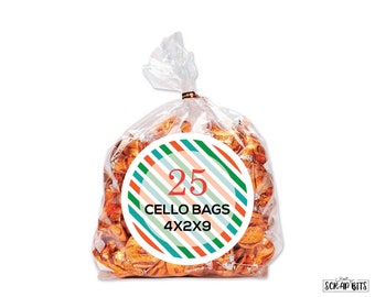 25 Cello Bags with Metallic Twist Ties . Clear Treat Bags, Clear Candy Bags with Gusset . 4"x2"x9"