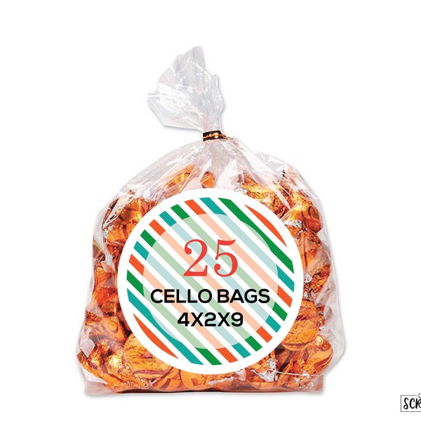 25 Cello Bags with Metallic Twist Ties . Clear Treat Bags, Clear Candy Bags with Gusset . 4"x2"x9"