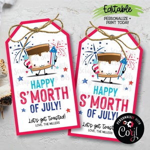 Etichette MODIFICABILI per S'more, Buon S'more di luglio, Etichette stampabili per sacchetti S'mores del 4 luglio, Etichette per bomboniere estive