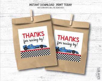 Racing Geburtstagsgeschenkanhänger, Danke für das Rennen, blaues Auto, druckbare Partydekoration, Goodie Bag Etiketten. Sofort Download