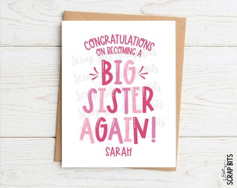 Big Sister Again Card, Personalized Congratulations Card, Bouncy Text