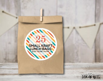 25 Small Kraft Favor Bags, Small Kraft Lunch Bags . 3 1/2" x 2 3/8" x 6 7/8"