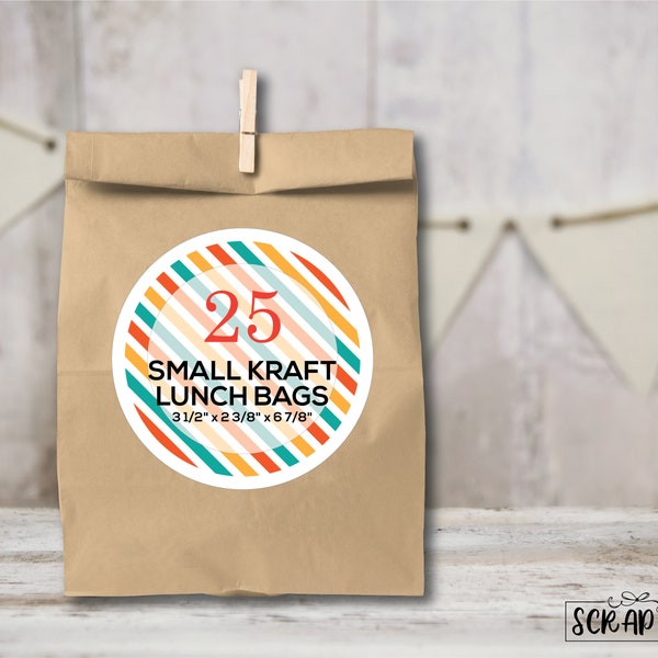 25 Small Kraft Favor Bags, Small Kraft Lunch Bags . 3 1/2" x 2 3/8" x 6 7/8"