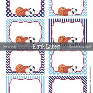 Etiquetas de comida para deportistas, etiquetas deportivas imprimibles, etiquetas de regalo planas azules en blanco, decoración para fiestas deportivas, tarjetas de ubicación. Descarga instantánea