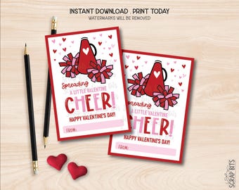 Printable Cheerleading Valentine Exchange Cards, Spreading a Little Valentine Cheer, Kids Classroom Party Tags, Instant Download