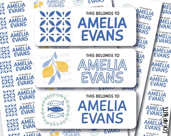 Personalized Name Labels, Coastal Mediterranean Belonging Labels for School, Folders, Notebooks, Teacher, Students . Waterproof or Matte