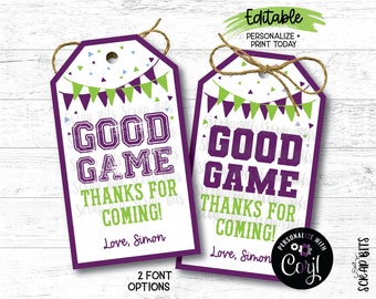 EDITABLE Sports Birthday Tags, Good Game Tags, Thanks For Coming Sports Party Favor Tags, Printable Sports Birthday Gift Tags, Grape & Lime