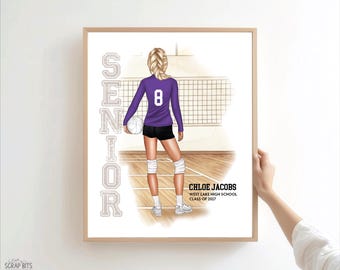 Volleyball Senior Season Portrait Print, Custom Digital Drawing, Personalized Keepsake Gift