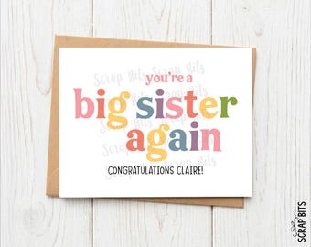 Big Sister Again Card, Personalized Congratulations Card, Retro Funk Lettering