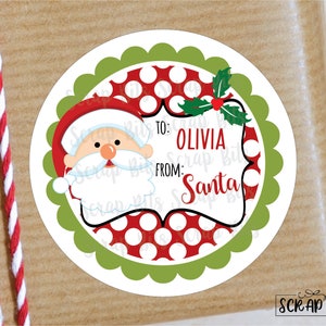 Christmas Gift Stickers From Santa, Polka Dots Scallop Edge, To From Personalized Name Labels or Tags for Kids Gift Wrapping